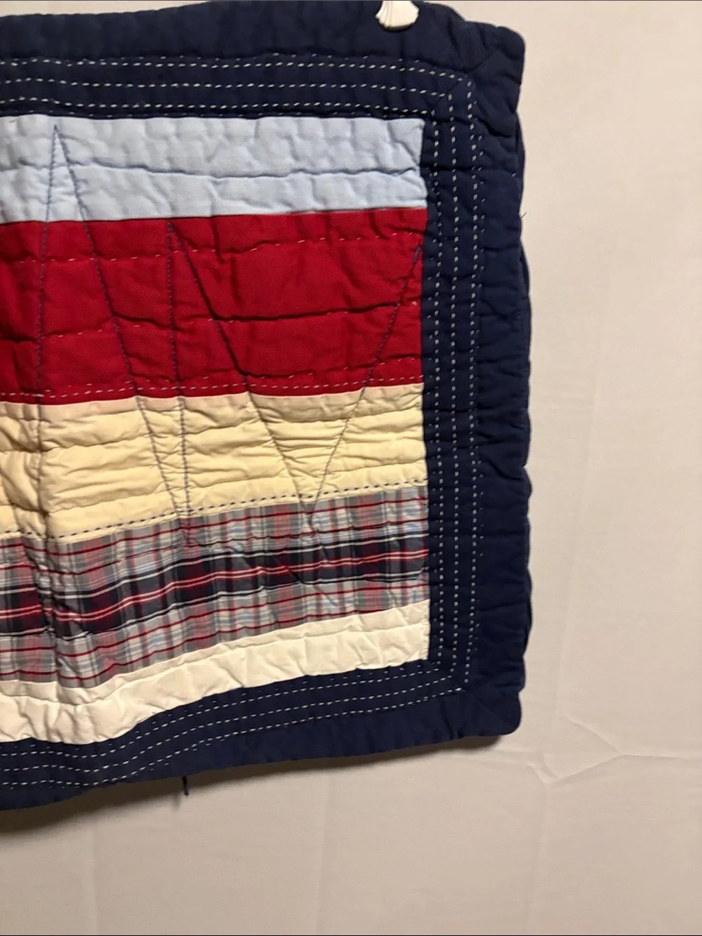 Pottery Barn Kids Red, Navy, Cream Striped Patchwork pillow cover